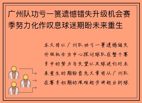 广州队功亏一篑遗憾错失升级机会赛季努力化作叹息球迷期盼未来重生